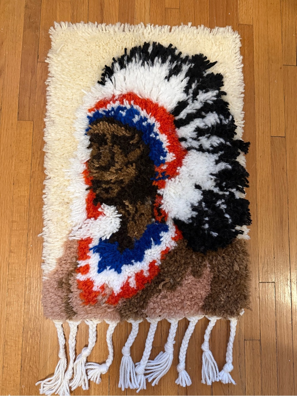 Vintage latch hook rug/wall hanging- indigenous chief